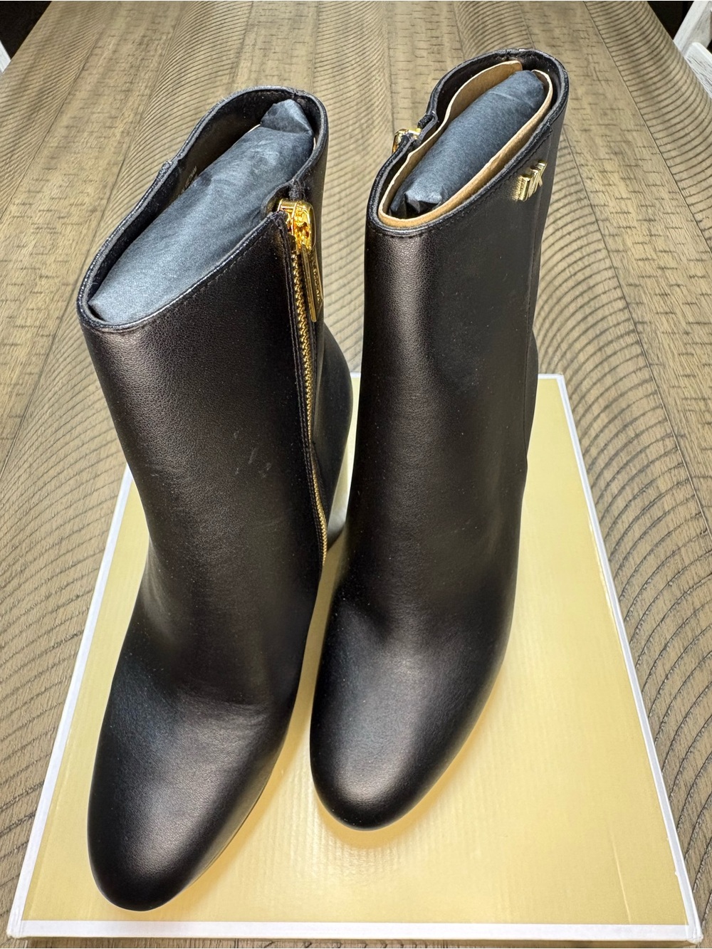 Michael Kors Black Leather Ankle Booties with Gold Hardware